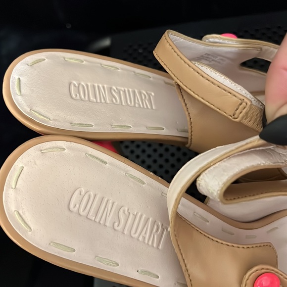 Colin Stuart Platform Peep Toe Heels.  Almond with hot pink button/heels. - Picture 7 of 12